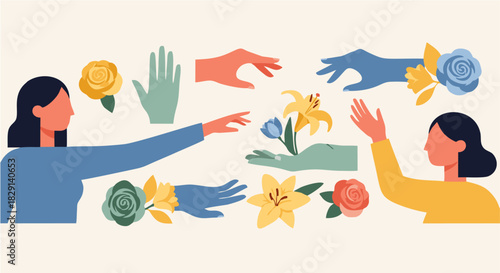 A beautiful composition of women's hands giving and receiving flowers, illustrating concepts of connection, help, and gentle support
