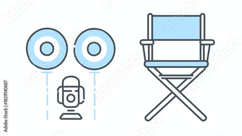 Minimalist film production icons featuring a classic camera with reels and a director's chair, representing movie making and entertainment.