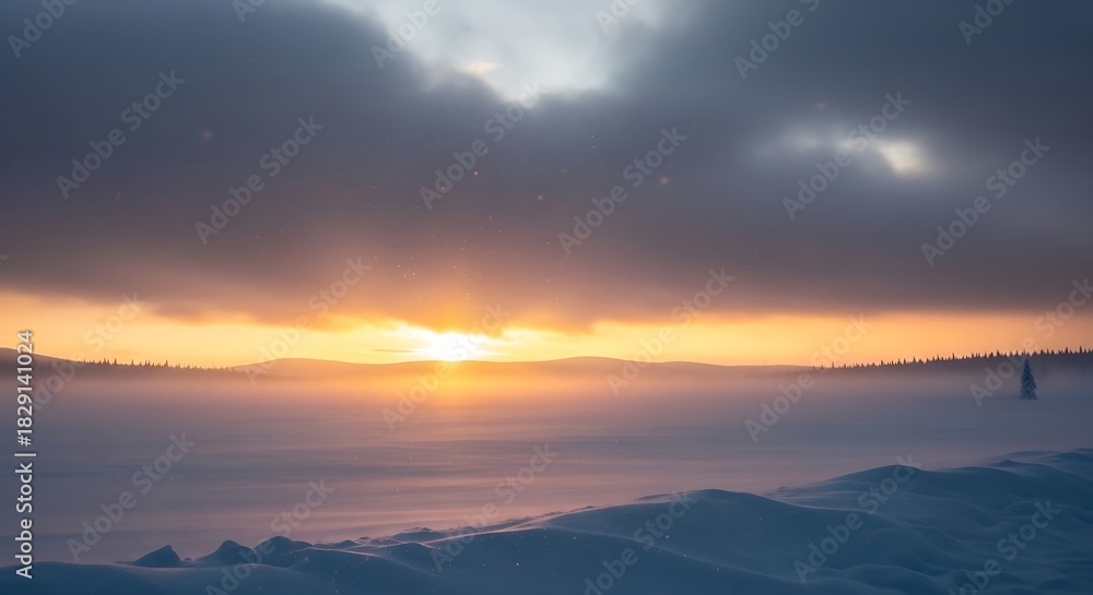 Fototapeta premium Majestic winter sunset over a serene and expansive snowy tundra landscape with light snowfall