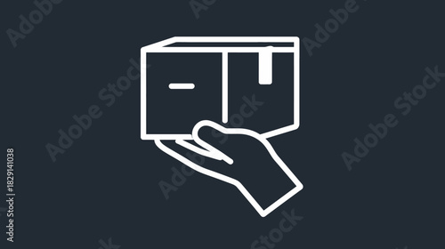 White line art icon of a hand holding a cardboard package, symbolizing delivery, shipping, logistics, and e-commerce.