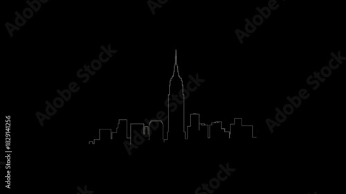 Minimalist City Skyline Outline on Black Background, Abstract Urban Landscape Silhouette, Modern Downtown Building Art