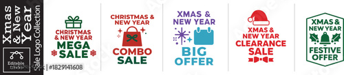 Christmas New Year Sale Logos Collection for Holiday Promotions, Mega Sale, Combo Sale, Big Offer, Festive Offer, Clearance Sale, Editable Stroke