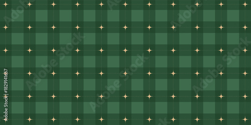 Christmas rhombus seamless pattern. Xmas plaid texture with gold line and stars. Green argyle geometric diamond abstract pattern. Christmas wrapping. Vector illustration isolated on green background.