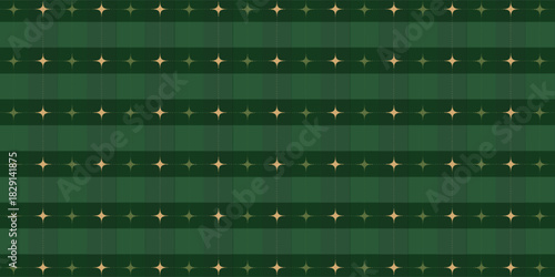 Christmas rhombus seamless pattern. Xmas plaid texture with gold line and stars. Green argyle geometric diamond abstract pattern. Christmas wrapping. Vector illustration isolated on green background.