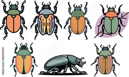 Vibrant june beetle set with shiny shells wings and crawling poses