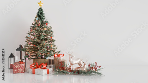 Christmas Tree with Gifts and Holiday Decorations on White Background
