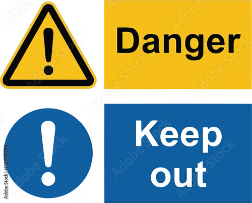 Collection of warning signs danger keep out and exclamation mark safety symbols industrial workplace hazard alerts vector