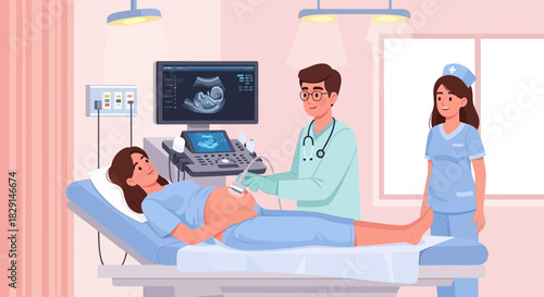 Prenatal ultrasound examination showing a pregnant woman with doctor checkup