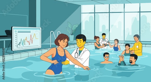 Aquatic therapy session with medical supervision for health improvement program