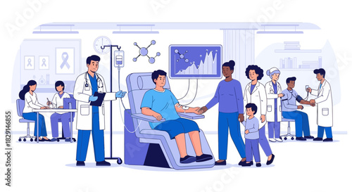 Illustration showcasing blood donation process with medical professionals and patients