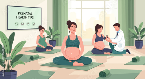 Prenatal health yoga class with doctor monitoring pregnant women wellness