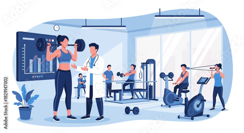 Gym Supervision: Doctor Guiding Woman's Weightlifting with Performance Analytics Displayed