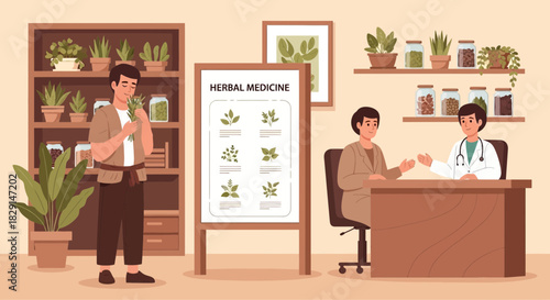 Illustration of a holistic medicine practice featuring herbal remedies and consultations