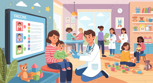 Pediatric vaccination clinic, showcasing a doctor administering vaccine to child