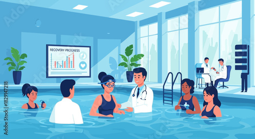 Aquatic therapy session with medical supervision assisting patient recovery progress