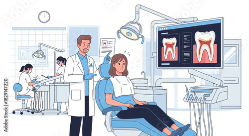 Dentist consults nervous patient with tooth x-rays visible in the clinic