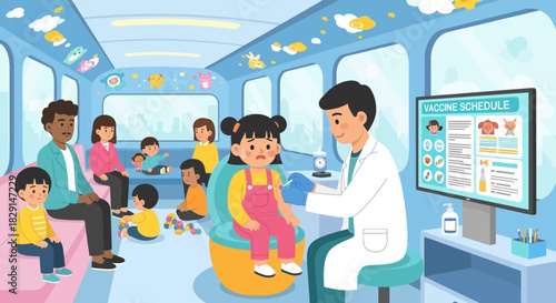 Mobile vaccination unit providing pediatric immunizations with a child-friendly bus setting
