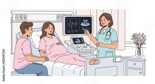 Expecting parents receive ultrasound examination with medical personnel support