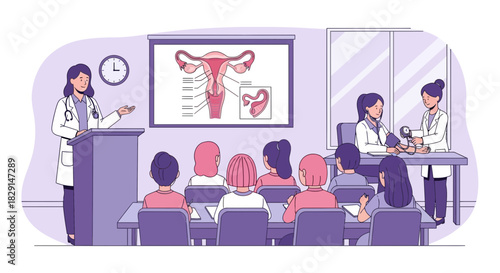 Female health presentation with medical personnel and students in classroom setting