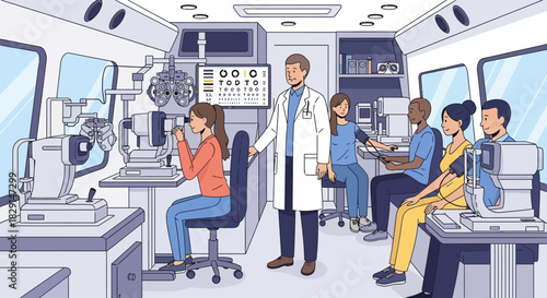 Mobile eye care unit offering examinations and vision screenings to diverse patients