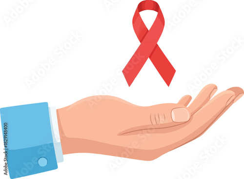 Hand offering red ribbon symbol of awareness and support for health causes vector