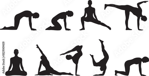 Various yoga poses are showcased in detailed black silhouettes against white backdrop