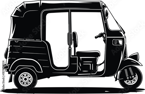 Black Silhouette Auto Rickshaw Vector Illustration, Isolated Tuk Tuk Taxi Side View Graphic, Traditional Asian Public Transport and Urban City Commuter Vehicle Icon