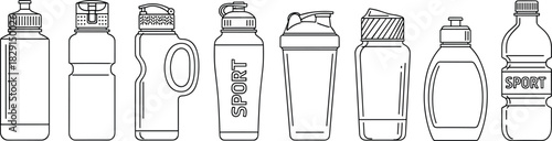 Line Art Sport and Water Bottle Vector Icon Set, Isolated Outline Drawing of Fitness Shaker and Hydration Containers, Gym Accessory and Active Lifestyle Equipment