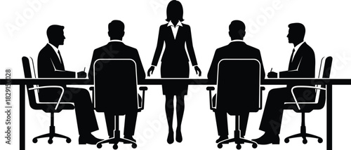 Black Silhouette of Business Meeting Vector Illustration, Corporate Team Discussion and Partnership Icon, Female Leader Standing with Men in Suits, Isolated on White