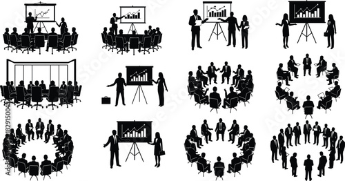 Black Silhouette Business Meeting and Presentation Vector Icon Set, Isolated Corporate Team Discussion, Brainstorming, and Training Seminar Graphics Collection