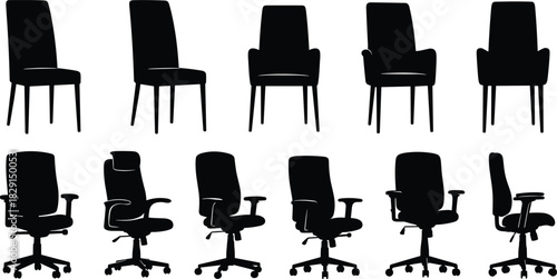 Black Silhouette of Chair Vector Icon Set, Isolated Modern Office Furniture, Swivel Chairs, and Dining Room Seating Collection, Home and Business Interior