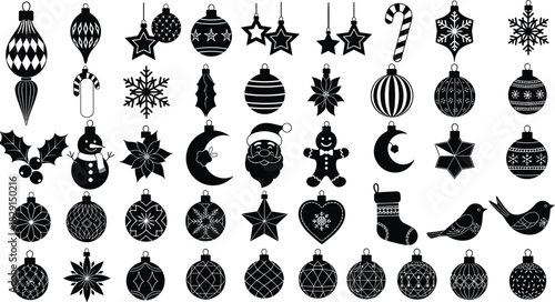Black Silhouette Christmas Ornament and Holiday Icon Vector Set, Isolated Decorations Collection with Baubles, Stars, Snowman, Candy Cane, and Santa Claus Symbols