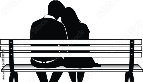 Black Silhouette Romantic Couple Sitting on Park Bench Illustration, Isolated Young Man and Woman Hugging, Love, Relationship, Date, and Valentine's Day Graphic Vector