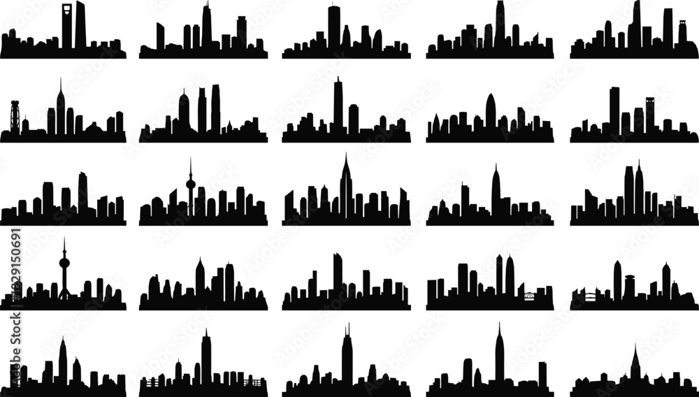 Fototapeta premium Black Silhouette City Skylines Vector Illustration Set, Isolated Urban Downtown Megapolis Landscape View, Modern Architecture Landmark Icons Collection of World's Major Cities