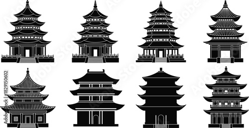 Black Silhouette Traditional Asian Pagoda Vector Icon Set, Isolated Chinese and Japanese Temple Architecture, Buddhist Tower and Monument Landmark Collection