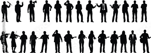 Black Silhouette Diverse People Vector Set, Isolated Musicians, Speakers, and Professionals in Various Poses, Public Speaking, Art, and Communication Graphic Collection