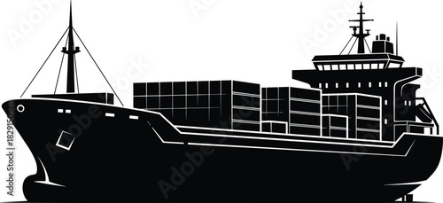 Black Silhouette Container Ship Vector Illustration, Isolated Large Cargo Boat Carrying Freight Boxes, Global Logistics, Shipping, and International Maritime Transport Icon