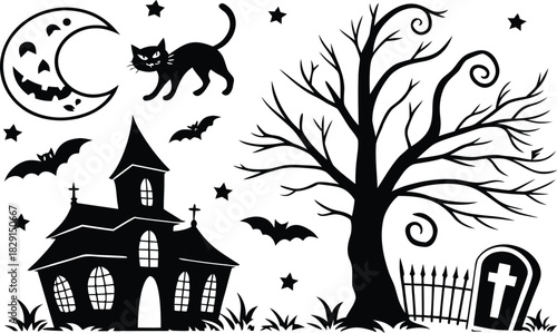 Spooky cartoon illustration of a haunted house, trees, and flying bats against a full moon silhouette on a dark Halloween night sky