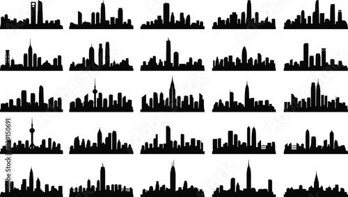 Black Silhouette City Skylines Vector Illustration Set, Isolated Urban Downtown Megapolis Landscape View, Modern Architecture Landmark Icons Collection of World's Major Cities