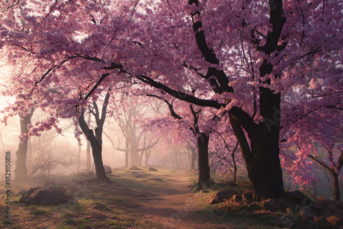 A tranquil path winds through a grove of blooming pink cherry trees bathed in soft morning light