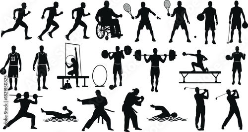 Black Silhouette Sport and Athlete Vector Icon Set, Isolated People Playing Tennis, Running, Swimming, Weightlifting, Golf, and Disabled Sports Graphics Collection