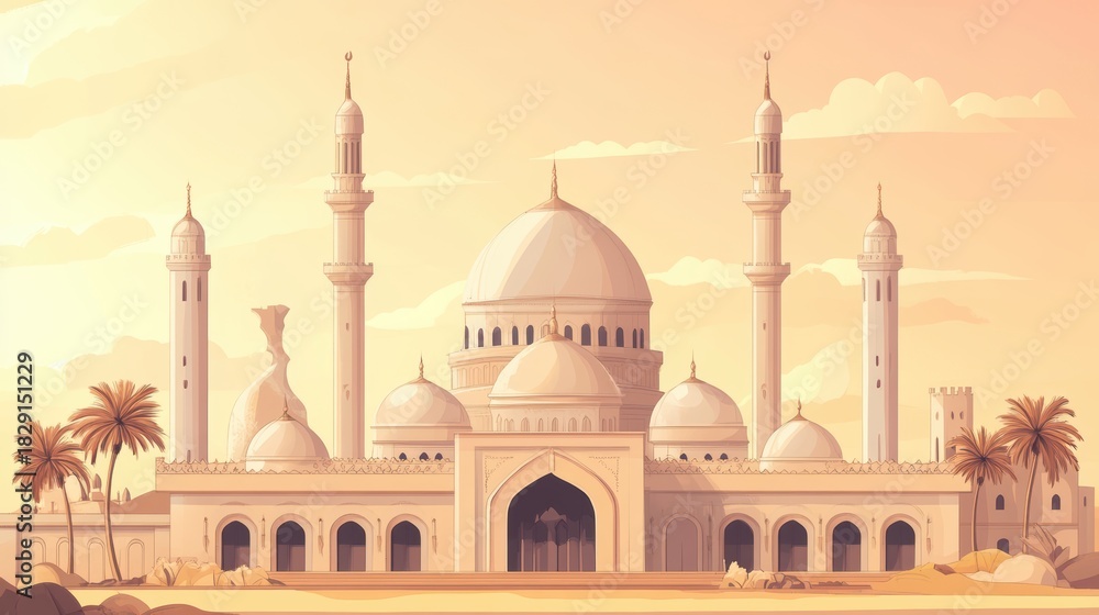 Obraz premium Serene Desert Landscape Featuring Majestic Mosque Surrounded by Palm Trees Against Soft Pastel Sunset Sky