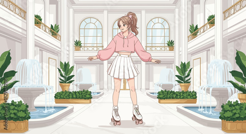 Anime girl on roller skates gliding through a grand indoor atrium with fountains