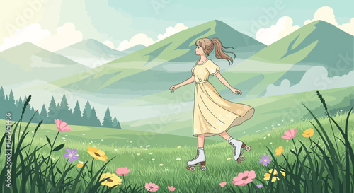 Anime girl roller skating in idyllic mountains during summer vacation travel