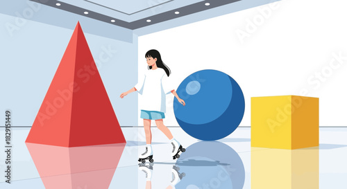 Whimsical Encounter: A Roller-Skating Girl Exploring Geometric Forms in a Minimalist Space