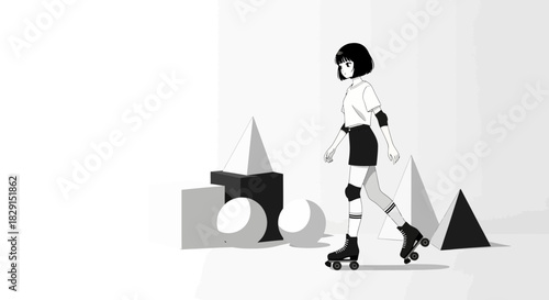 Roller Skating Anime Girl with Geometric Shapes in Black and White Art Style