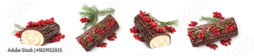 Konstfotografi Christmas cake isolated on white, collage. Yule log