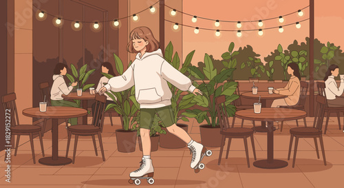 Young woman roller skating in a relaxed outdoor cafe setting under ambient lights