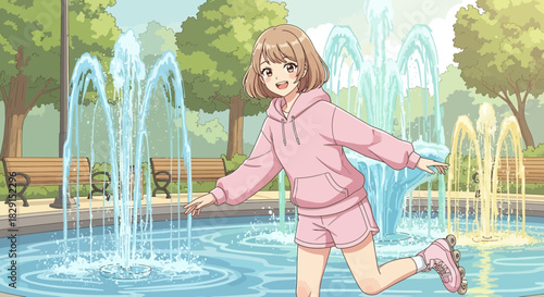 Whimsical park scene with a roller-skating girl and vibrant water fountains