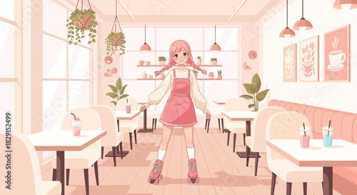 Animated roller skater girl in a vintage pink cafe with charming details